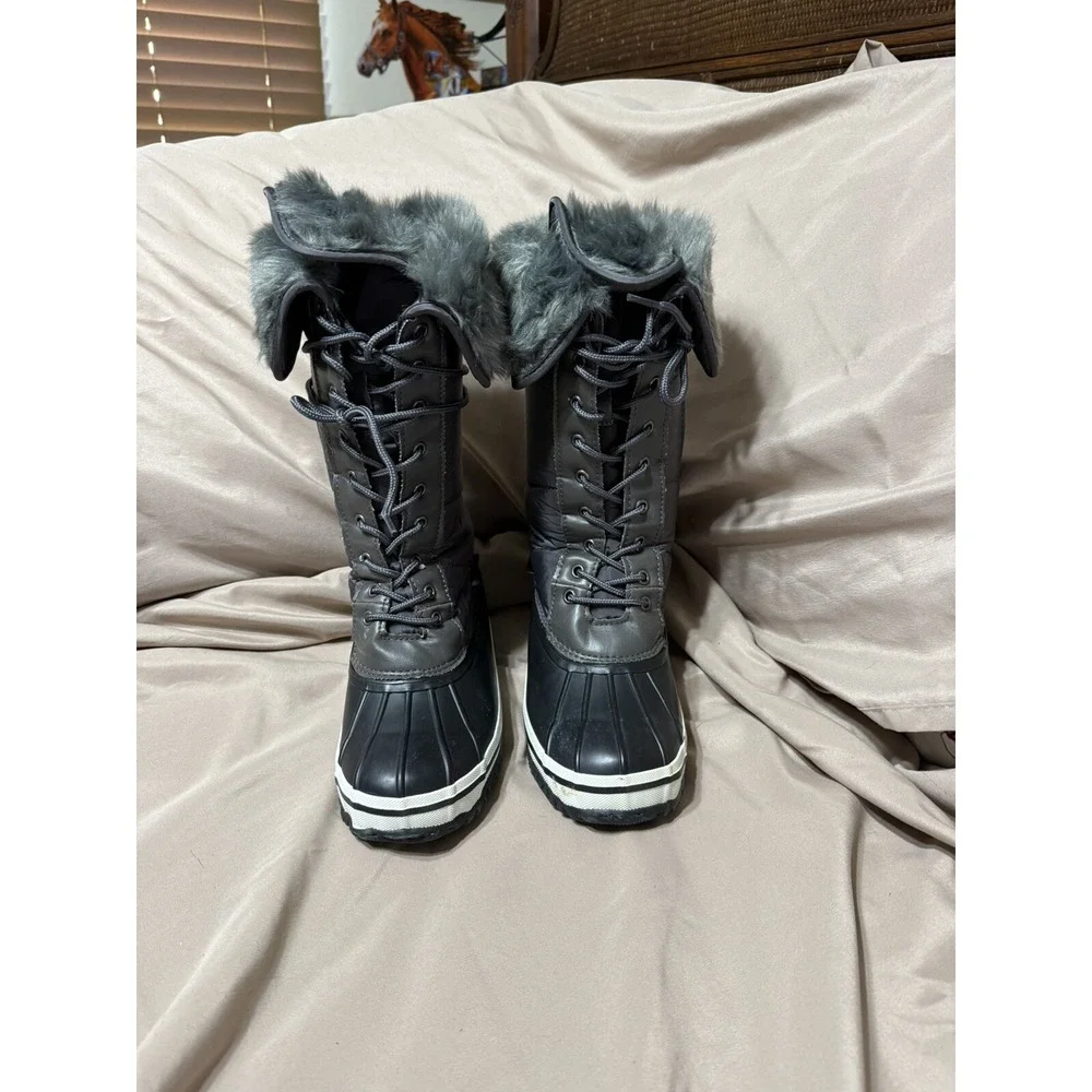 NORD TRAIL EMMA RUBBER BOOTS 6M‎ CHARCOAL  FAUX FUR THINSULATE Snow Warmth
